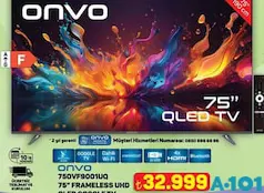 ONVO 75OVF9001UQ 75 İNÇ FRAMELESS UHD QLED GOOGLE TV AKILLI TELEVİZYON